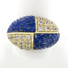 Vintage 18k Gold 1.92 ctw Carved Lapis & Round Diamond 4 Section Dome Bombe Ring