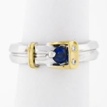 Estate 18k Two Tone Gold 0.38 ctw FINE Sapphire & Diamond Buckle Band Ring Sz 6.