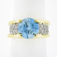 Vintage 18k TT Gold GIA FINE Round Brilliant Zircon Solitaire Pave Diamond Ring