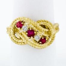 18k Yellow Gold 0.50 ctw Prong Round Diamond & Ruby Braided Loop Knot Band Ring