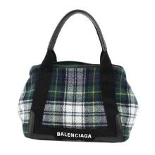 Balenciaga Green Multicolor Wool Checks Small Navy Cabas Bag