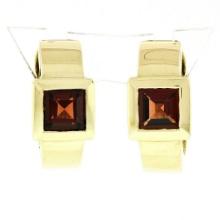 14k Yellow Gold 2.50 ctw Square Step Cut Brownish Red Garnet Cuff Huggie Earring