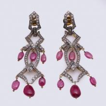 Pair of Mogul Style Silver Topped Gold Tourmaline & Diamond Earrings