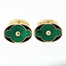 Vintage Mens 18k Yellow Gold Oval Shaped Green Black Guilloche Enamel Cuff Links