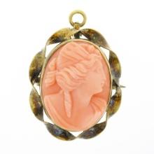 Antique 10k Yellow Gold Oval Carved Coral Cameo Twisted Frame Brooch Pin Pendant