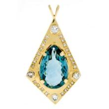 Large 14k Yellow Gold Tear Drop London Blue Topaz & Round Diamond Kite Pendant