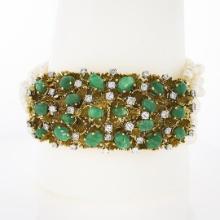 Vintage 18k Gold 7" 14.65 ctw Diamond & Cabochon Emerald 12 Strand Pearl Bracele