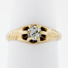 Antique Victorian 14K Gold .40 ctw Cushion Old Mine Diamond Belcher Solitaire Ri