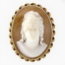 Vintage 14k Gold Unique Domed 3D Carved Shell Cameo Twisted Wire Brooch Pendant