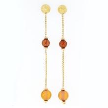 Estate 18K Yellow Gold Bead Citrine Textured Long Box Chain Drop Dangle Earrings