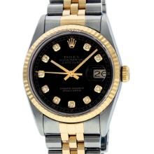 Rolex 36MM Two Tone Yellow Gold And Steel Black Diamond Datejust Wristwatch