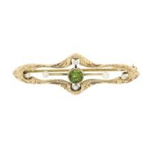 Antique Victorian 14k Gold Peridot Seed Pearl Hand Engraved Open Bar Brooch Pin