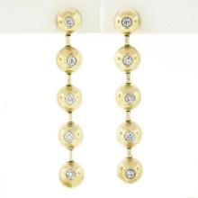 Vintage 14K Gold.6 ctw Bezel Diamond Polished Bead Ball Long Drop Dangle Earring