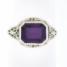 Antique Art Deco 10K Gold Bezel Amethyst Solitaire w/ Open Filigree Petite Ring