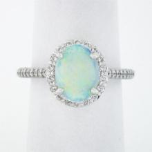 NEW 14K White Gold Oval Cabochon Opal Solitaire Round Diamond Halo Cluster Ring