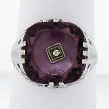 Antique Art Deco 14K White Gold Custom Cut Amethyst Diamond Etched Filigree Ring