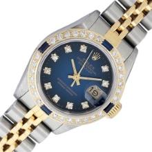 Rolex Ladies 2T Quickset Blue Vignette Diamond And Sapphire Datejust Wristwatch