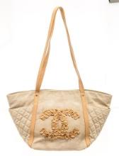 Chanel Beige Canvas CC Camelia Shoulder Bag