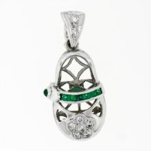 18K White Gold .36 ctw Emerald Diamond Engraved Fancy Baby Girl Shoe Charm Penda