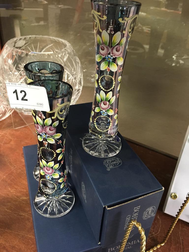 (3) Bohemia Crystal Painted Bud Vases w/ Boxes