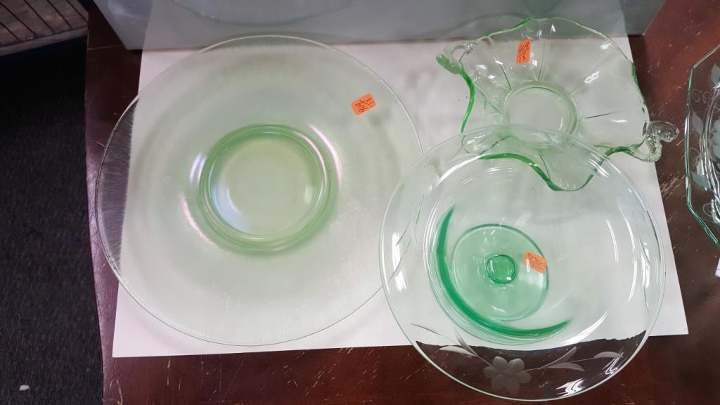 4 Pieces Green Depression Glass - Platter is