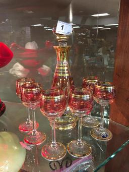 Bohemia Etched Gold & Red Striped Decanter &