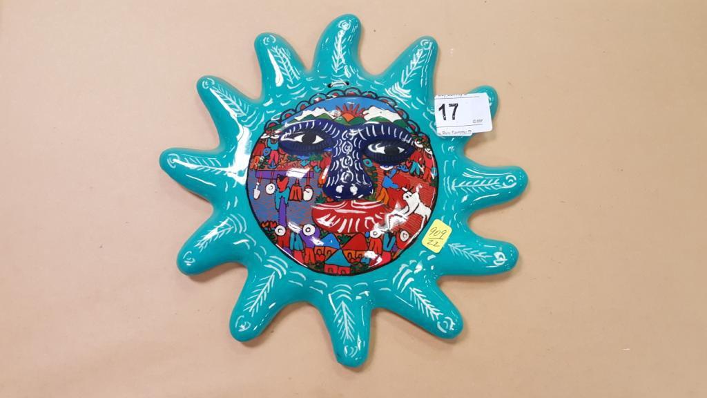 Teal Blue Terra Cotta Sun Wall Decor  9 1/2" Tall