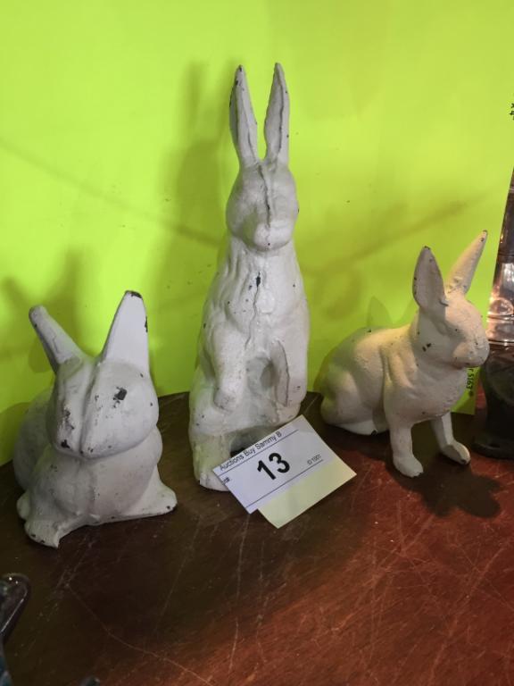 (3) White Cast Iron Bunnies 7 1/2" Tall