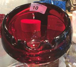 Heavy Art Red Glass Ash Tray 5" Tall