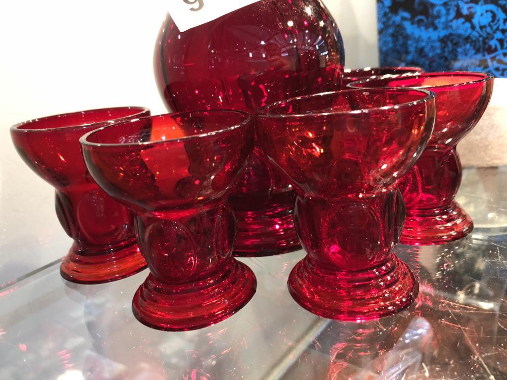 Vintage Red Glass Decanter w/ 6 Cups