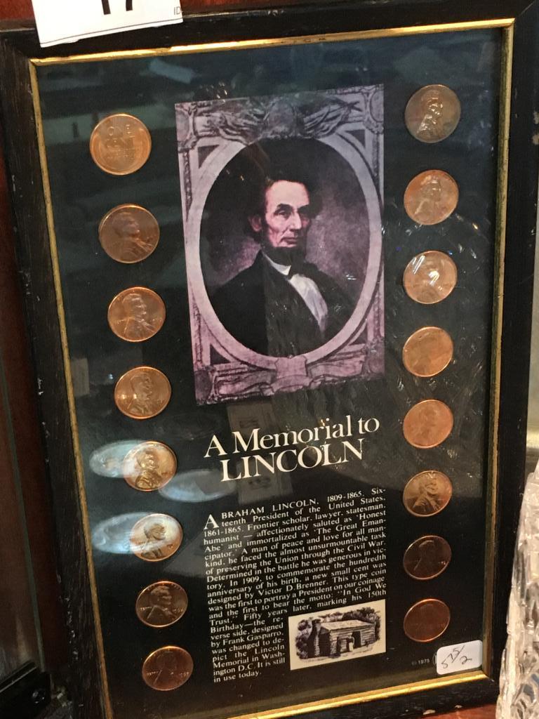 Framed A Memorial to Lincoln  w/ 16 Pennies