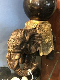 Cast Iron Elephant  W/ Brass Saddle & Sphere