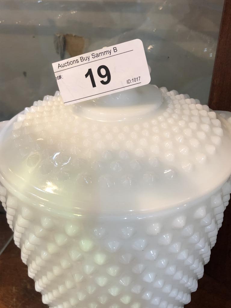 White Hobnail Glass Covered Jar
