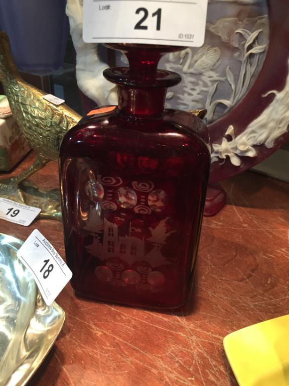 Vintage Red Cut to Clear Decanter w/ Design