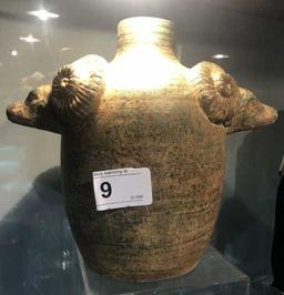 Vintage Pottery Vessel w/ Rams Head Handles 8" tall