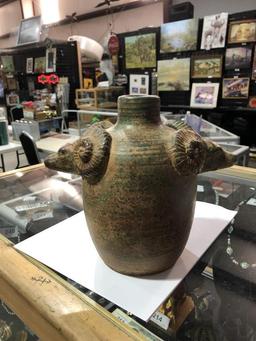 Vintage Pottery Vessel w/ Rams Head Handles 8" tall