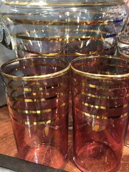 Pink to Clear w/ Gold Trim Pitcher and 4 Glasses