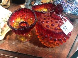 Amberina Covered Candy Dish and Set of Candle