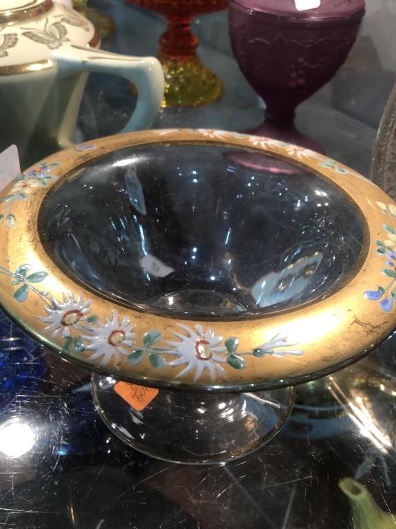 VTG Clear Glass Bowl W/ Gold Trim & Flowers