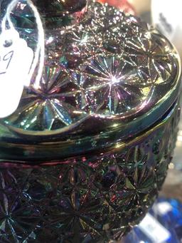 VTG Carnival Glass Lidded Candy Dish   6 3/8" Tall