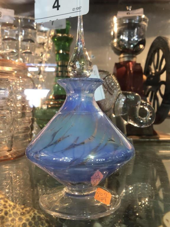 Blue Swirl Art Glass Perfume Bottle   7" Tall