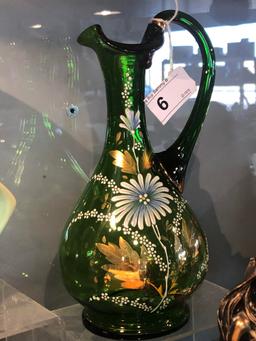 Green Vintage Pitcher w/ Painted Flowers & Gold