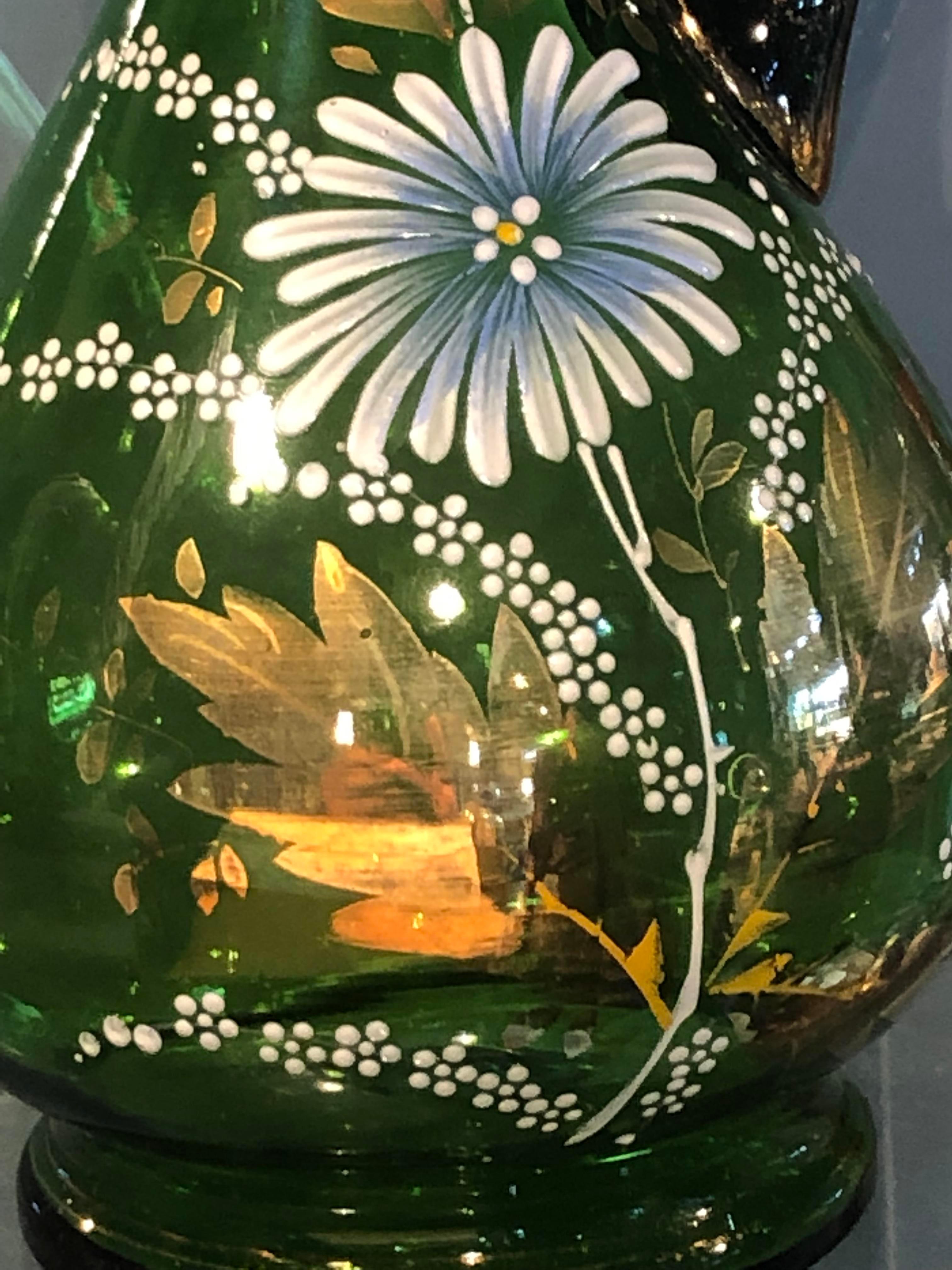 Green Vintage Pitcher w/ Painted Flowers & Gold