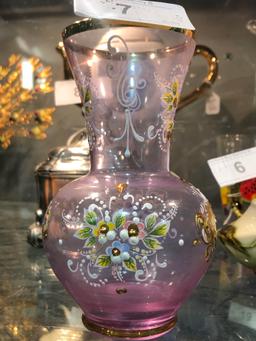 Lavender Pink Vase  w/ Flowers & Gold Trim