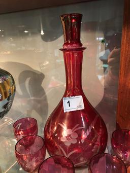 Vintage Cranberry Glass Decanter w/ 5 Glasses
