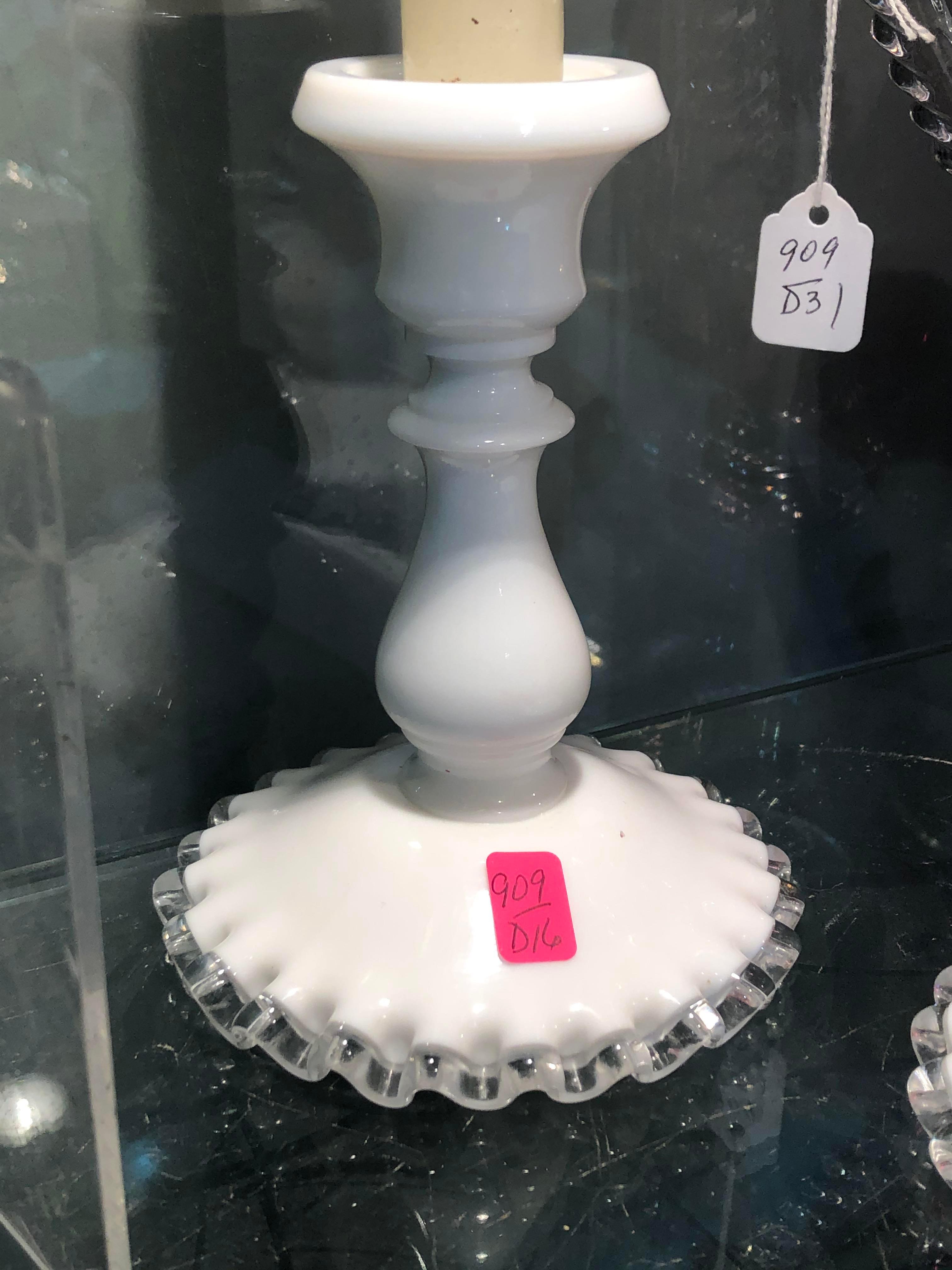 2 Silver Crest Milk Glass Candle Holders