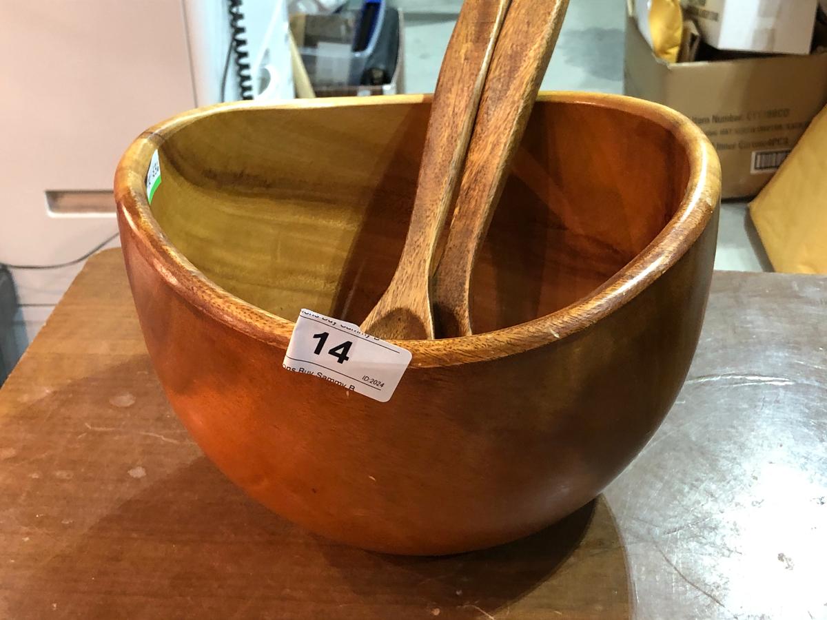 Large Carved Wooden Salad Bowl and Wood Utensils