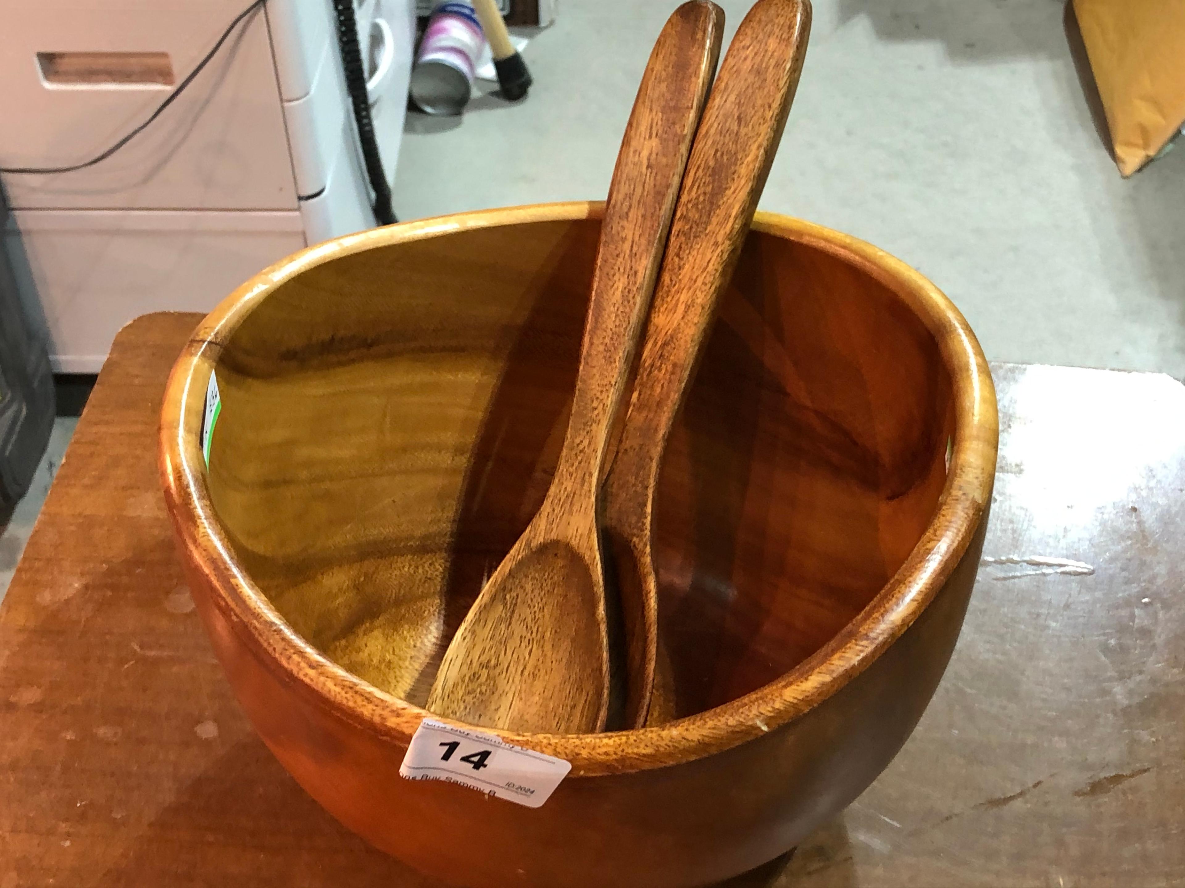 Large Carved Wooden Salad Bowl and Wood Utensils