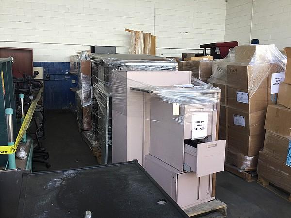 6 Pallets of Tables, Filing Cabinets, Shelves, Carts, & Chairs