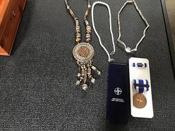 Jewerly wooden box , necklaces, medal